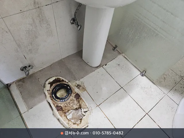 변기를 떼어 낸 자리의 바닥 배수구와 주변 타일